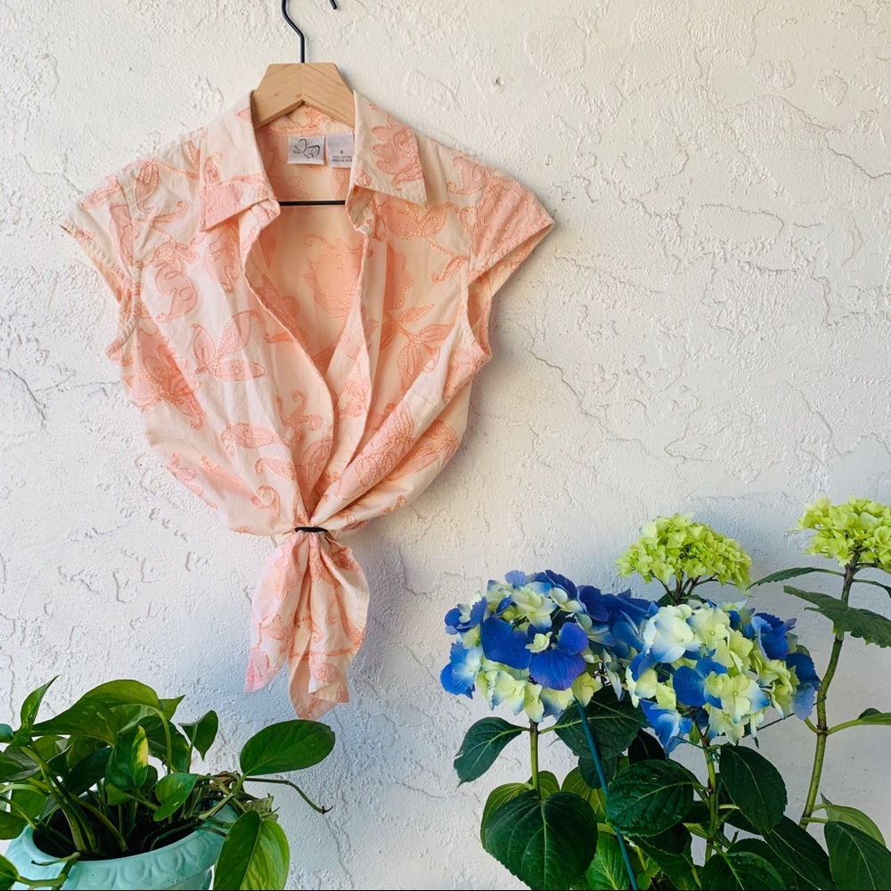 vtg 90s embroidered blush pink button up popover